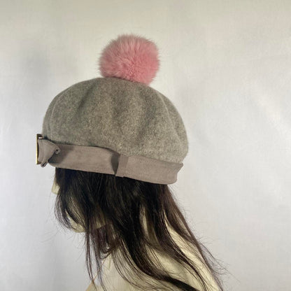 Swankiss pink puffball grey wool beret hat