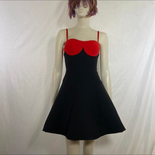 Prada vibrant red and black a-line bustier contrast cut wool dress