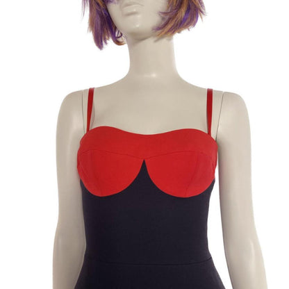 Prada vibrant red and black a-line bustier contrast cut wool dress