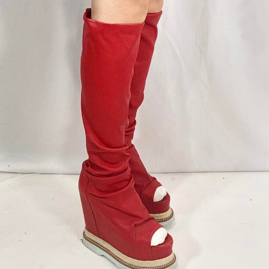 Undercover zip-up red leather wedge platform boots