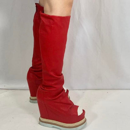 Undercover zip-up red leather wedge platform boots