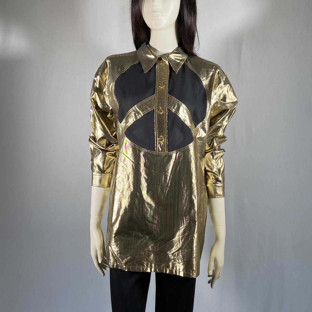 Moschino Peace sign mesh gold foil cutout button up shirt