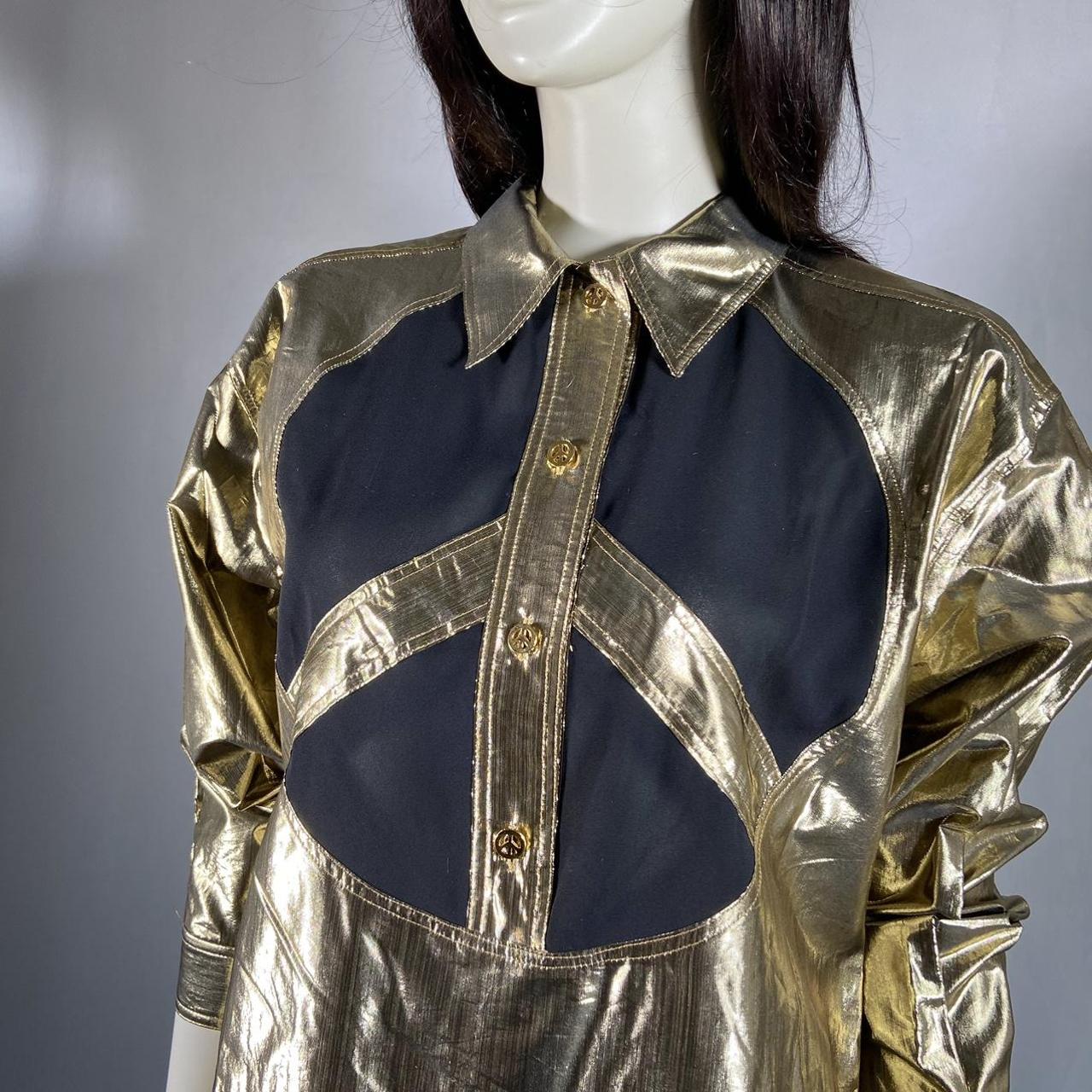 Moschino Peace sign mesh gold foil cutout button up shirt