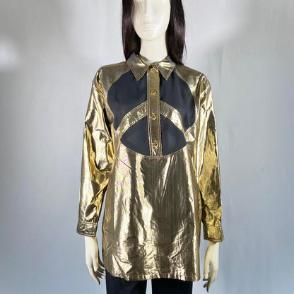 Moschino Peace sign mesh gold foil cutout button up shirt