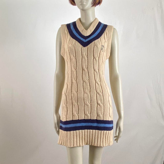 General Research 1997 beige and blue knit longline v-neck striped vest sweater dress