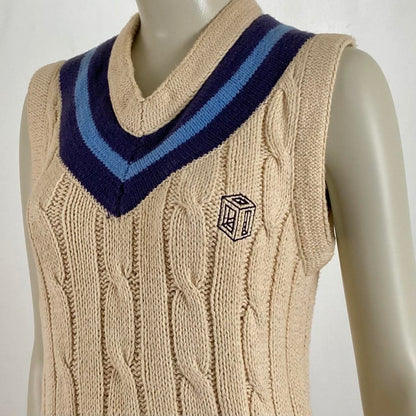 General Research 1997 beige and blue knit longline v-neck striped vest sweater dress