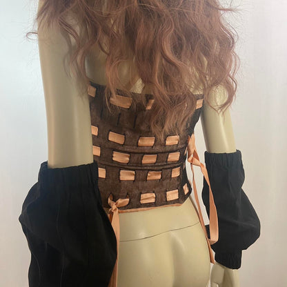 Moschino weaving ribbon mesh boned tube top