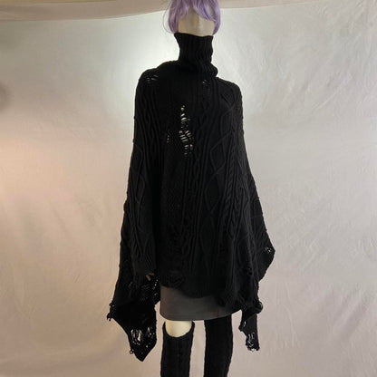 Mihara Yasuhiro heavy cable distressed knit black cape coat snug