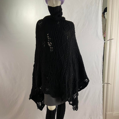 Mihara Yasuhiro heavy cable distressed knit black cape coat snug