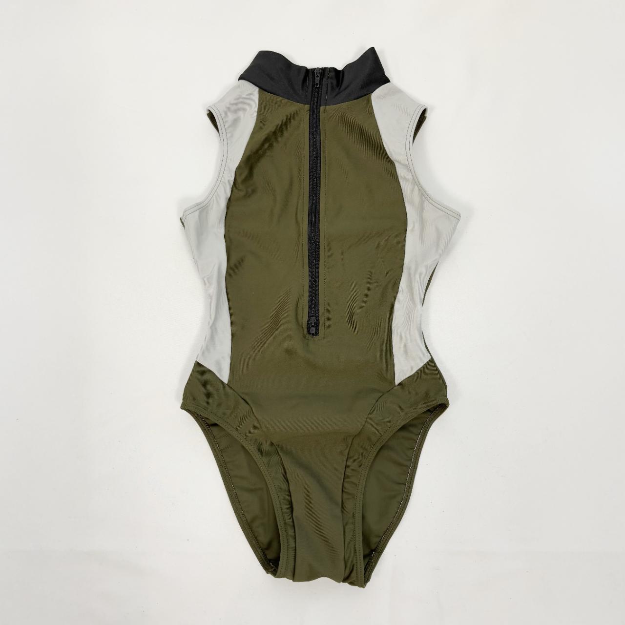 Realise olive green zip-up mock neck high cut swimsuit or bodysuit