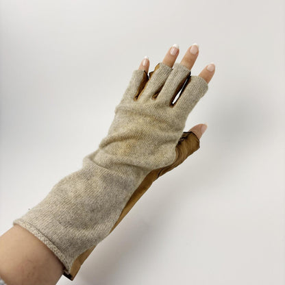 Undercover For Rebels light brown suede leather and cream knit split fingerless gloves