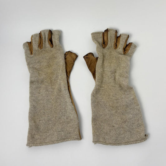 Undercover For Rebels light brown suede leather and cream knit split fingerless gloves